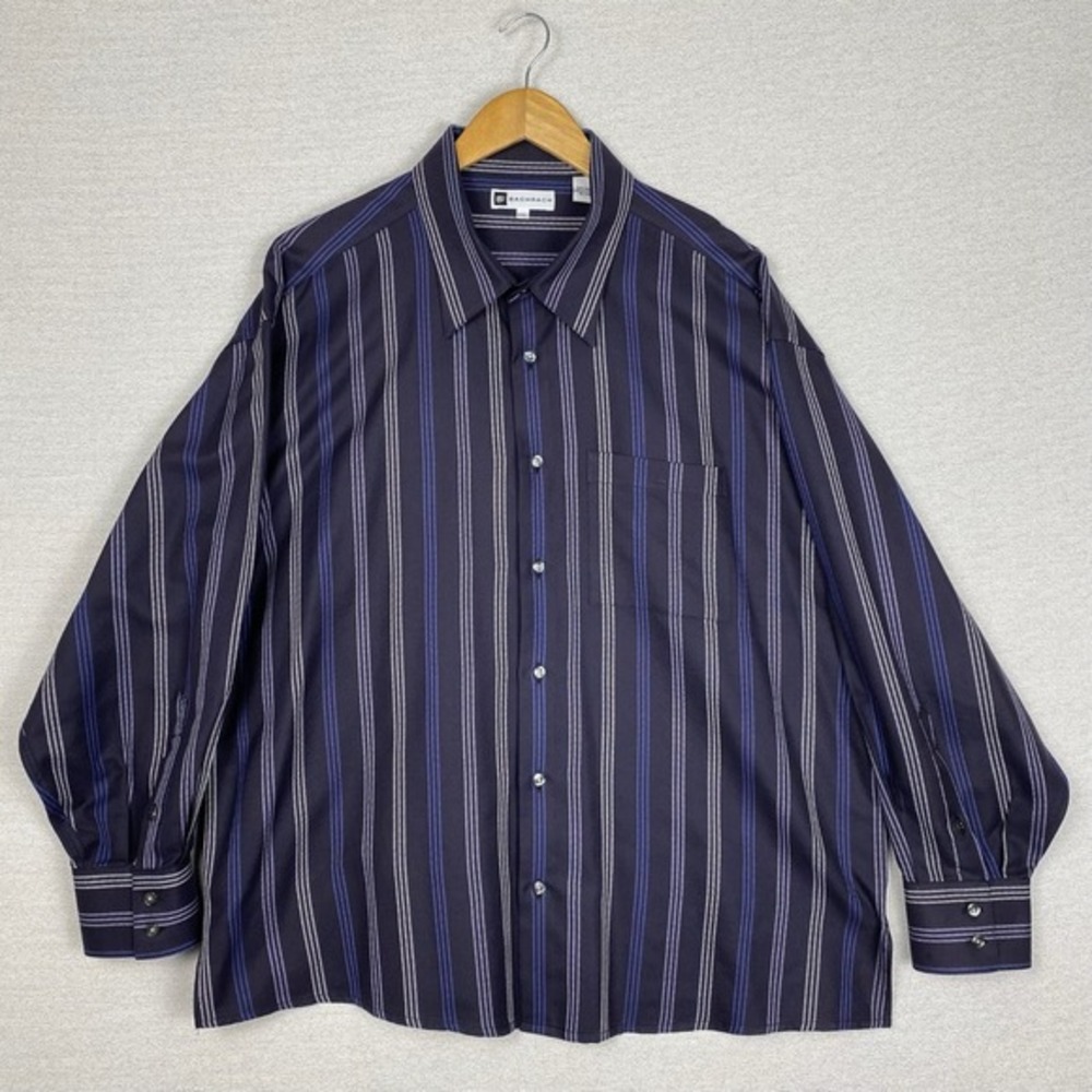 Vtg Bachrach Button Up Shirt Mens XXL Long Sleeve 100% Cotton Blue Stripes Prep‎